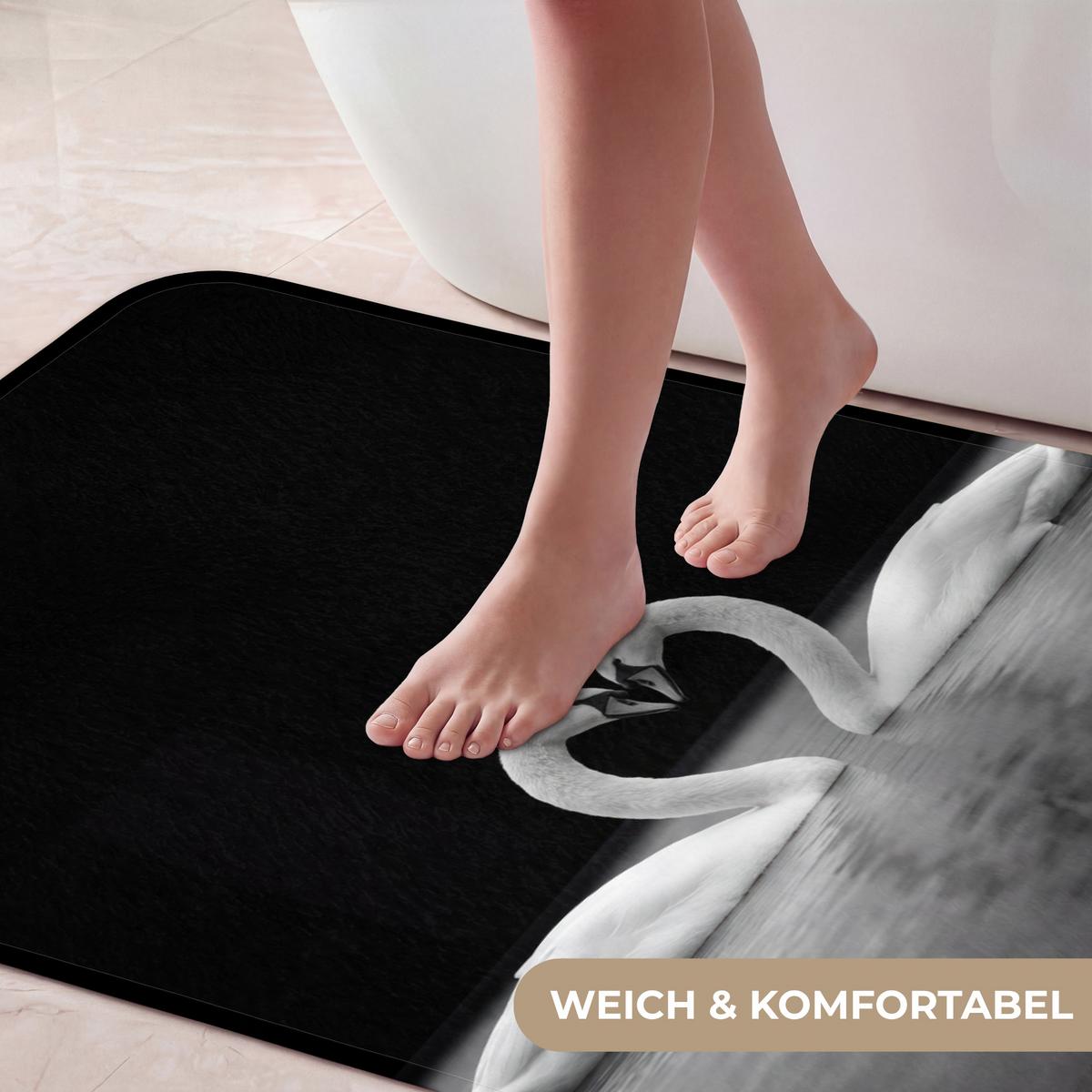 BADEMATTE Schwäne - Herz - Schwarz - Weiß 60x120 cm - Schwarz, Textil (60/120cm) - OnlyWow