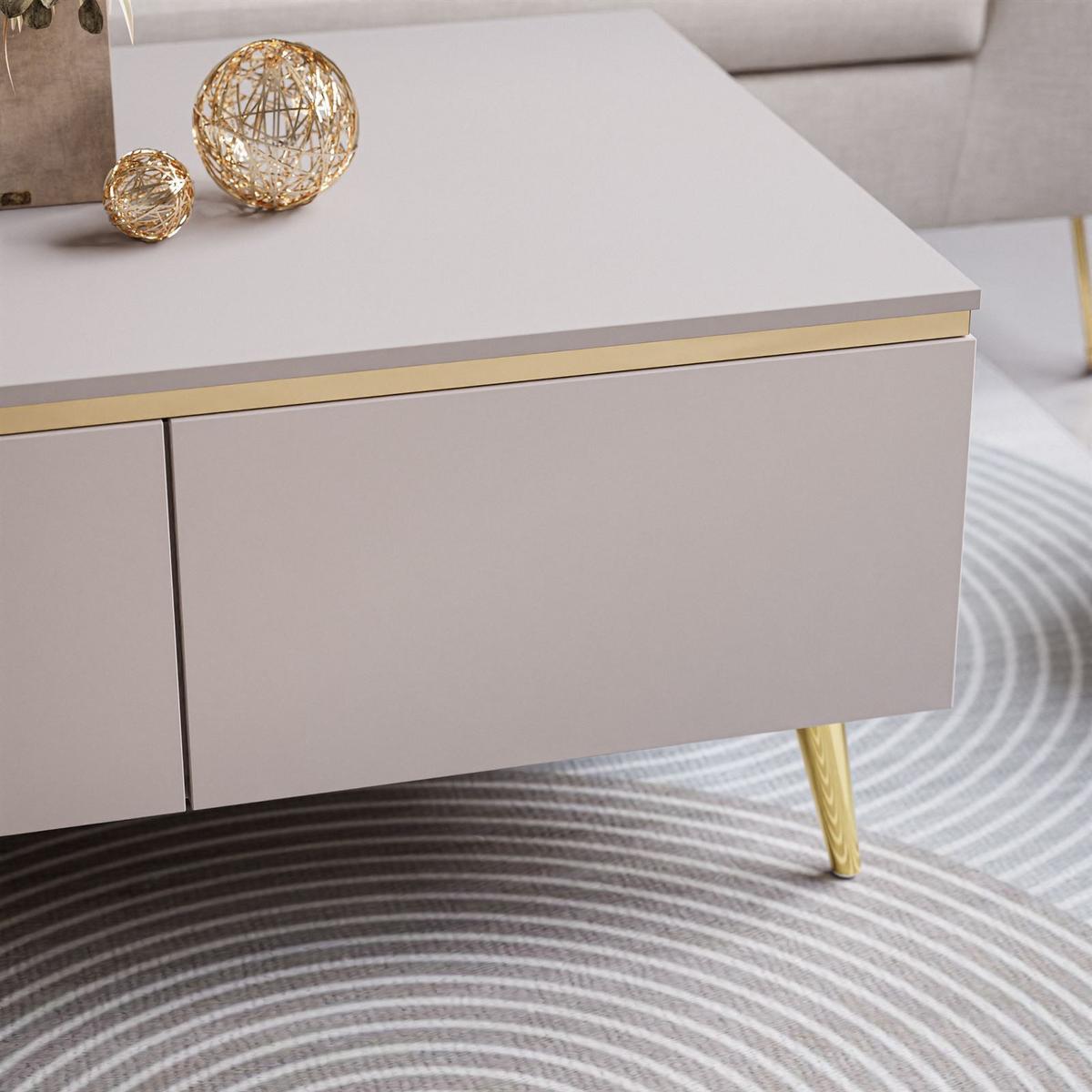 COUCHTISCH AURORA mit Staufach Kaschmir mit schräge Goldchrom Fuße - Kaschmir/Goldfarben, Holzwerkstoff/Metall (60/90/41cm) - Lookway