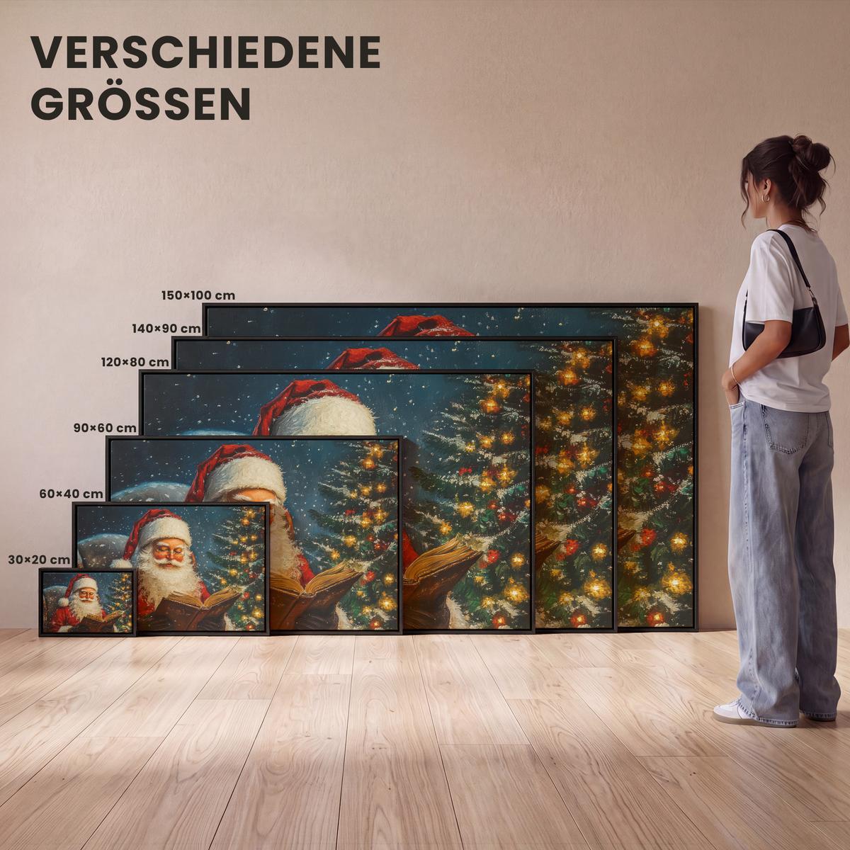 LEINWAND Bilder mit Rahmen - Weihnachtsmann - Weihnachten - Winter - Weihnachtsbaum - 90x60 - Bordeaux, Textil (90/60cm) - MuchoWow