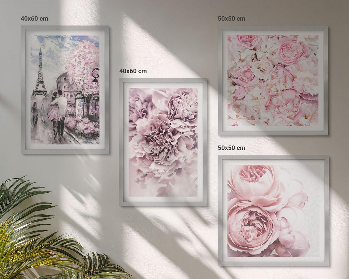 BILDER SET 4er Set - 50x50 cm & 40x60 cm Silberner Rahmen - Rosa Blumen, romantische Landschaft - Silberfarben, Kunststoff (50/50cm) - TULUP