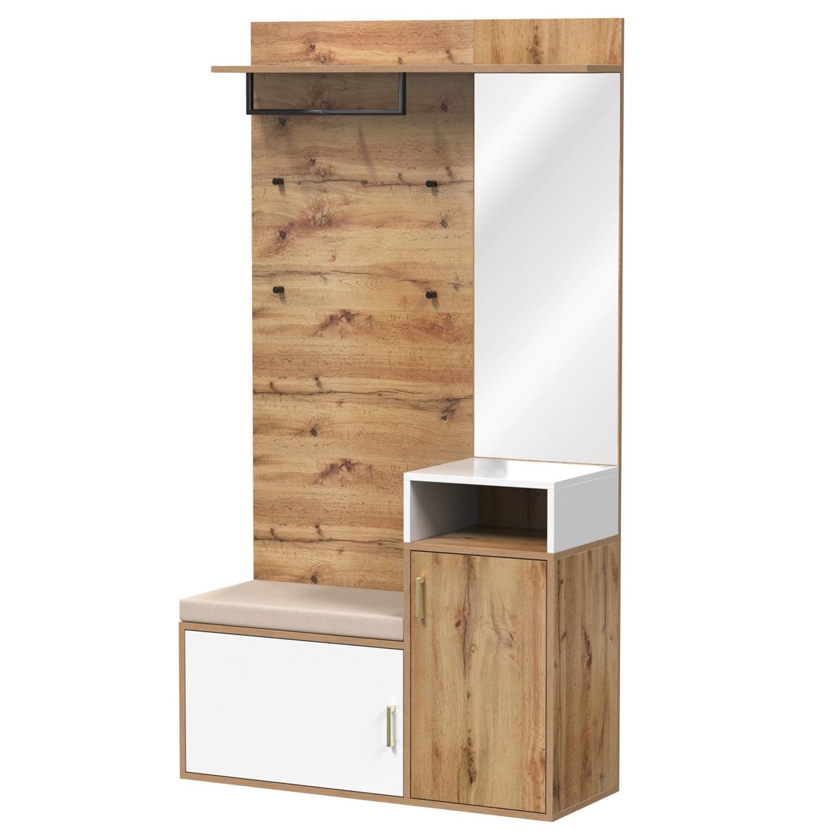GARDEROBEN-SET 105 cm in Weiß & Eiche-Optik – 3-teilige Flurkombination mit Spiegel, Schuhschrank & Wandpaneel - Naturfarben, Holzwerkstoff (105/190.5/40cm) - Urban Meuble