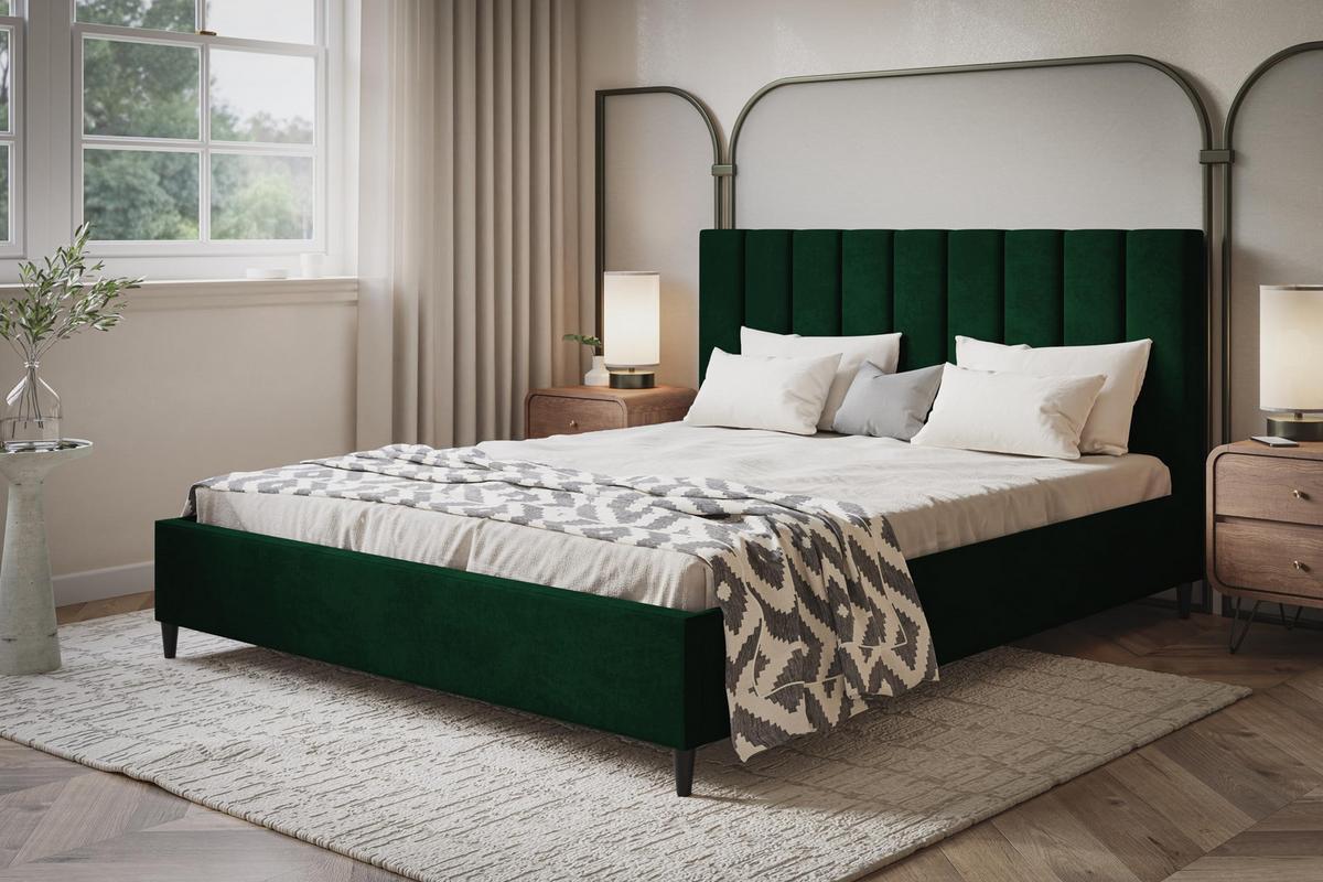POLSTERBETT LUX Tokio mit Kopfteil, 120 x 200 cm, Doppelbett mit Lattenrost aus Holz, Velourstoff Dunkegrün, Füße in Farbe: Schwarz - Dunkelgrün, Holz/Textil (120/200cm) - Alpi-Möbel