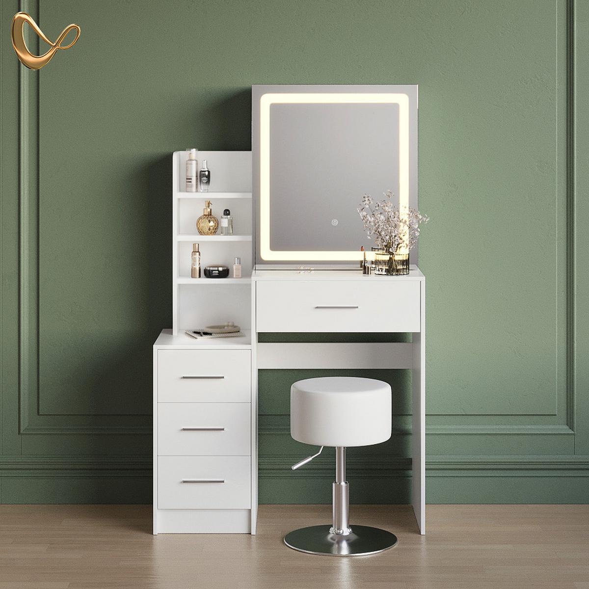 SCHMINKTISCH Monza Weiß mit LED-Spiegel und Hocker - Weiß, Holzwerkstoff (80/131.6/36cm) - Livinity®
