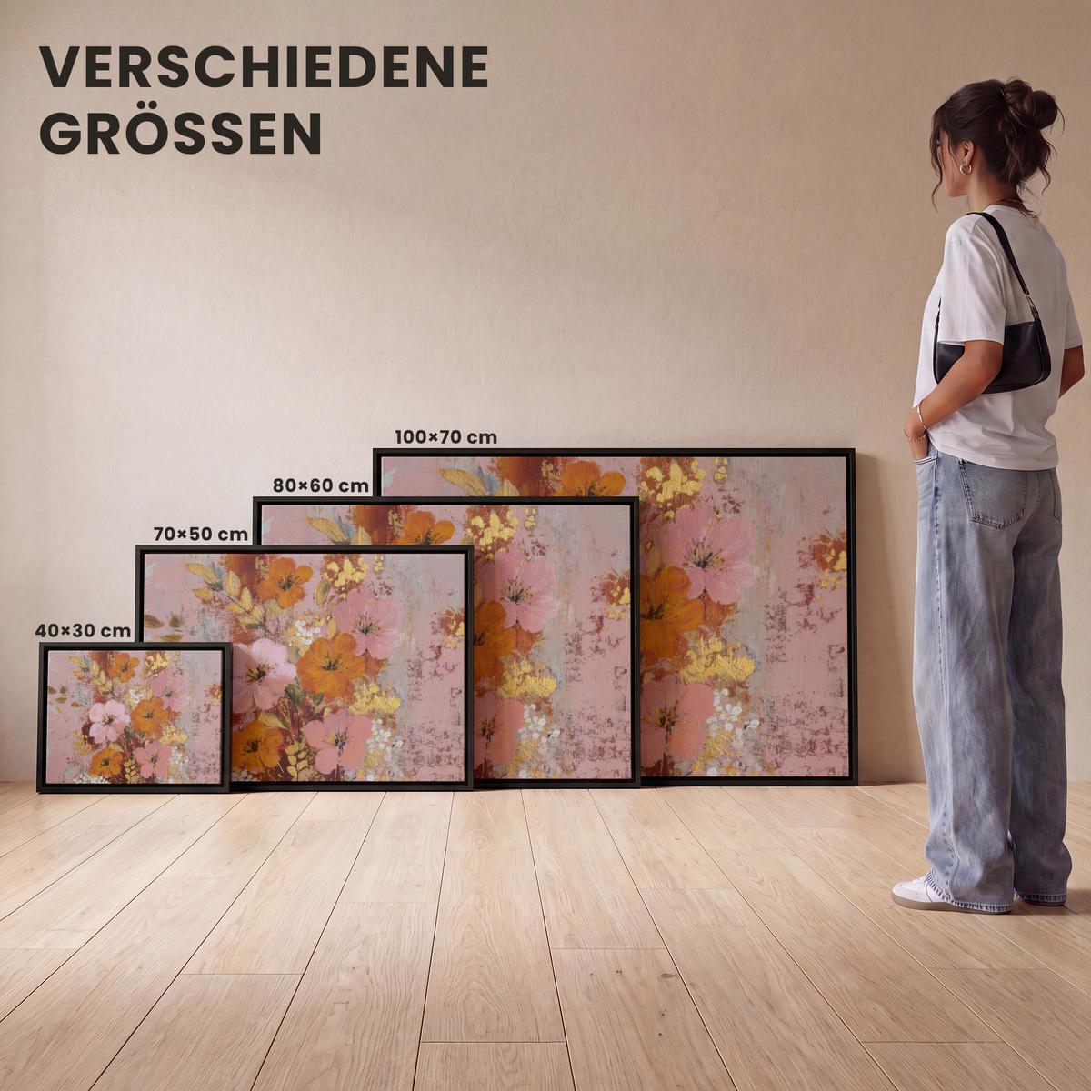 LEINWAND Bilder mit Rahmen - Malerei - Blumen - Rustikal - Rosa - 100x70 - Altrosa, Textil (100/70cm) - MuchoWow