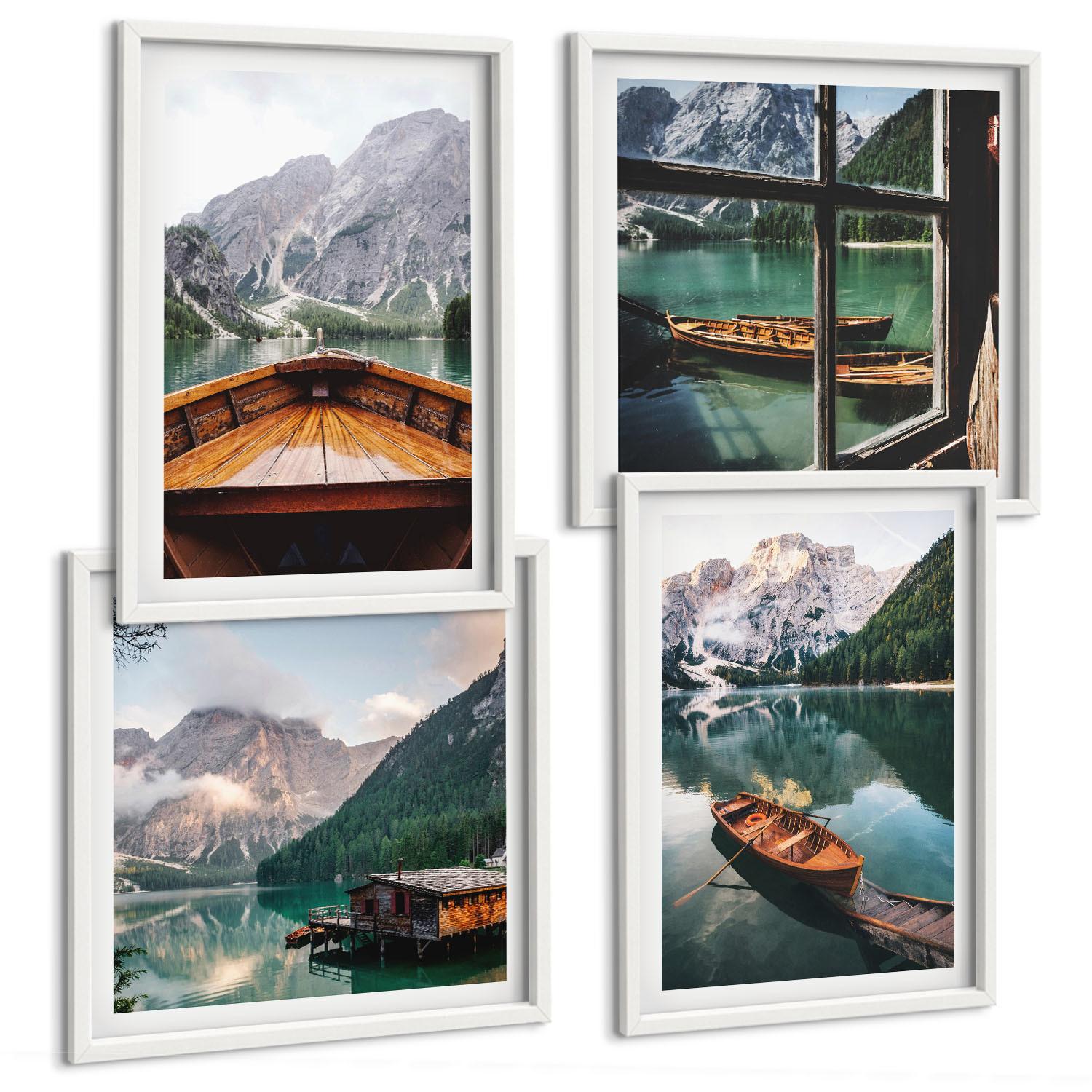 BILDER SET 4er Set - 50x50 cm & 40x60 cm Weißer Rahmen - See, Berge, Boote, Hütte, Fenster - Weiß, Kunststoff (50/50cm) - TULUP