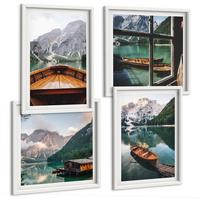 BILDER SET 4er Set - 50x50 cm & 40x60 cm Weißer Rahmen - See, Berge, Boote, Hütte, Fenster - Weiß, Kunststoff (50/50cm) - TULUP