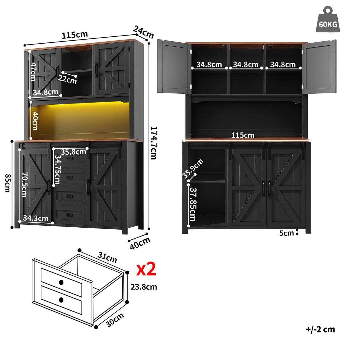 HIGHBOARD in Schwarz mit LED & Schiebetüren - Dunkelblau, Holzwerkstoff (115/175/40cm) - Urban Meuble