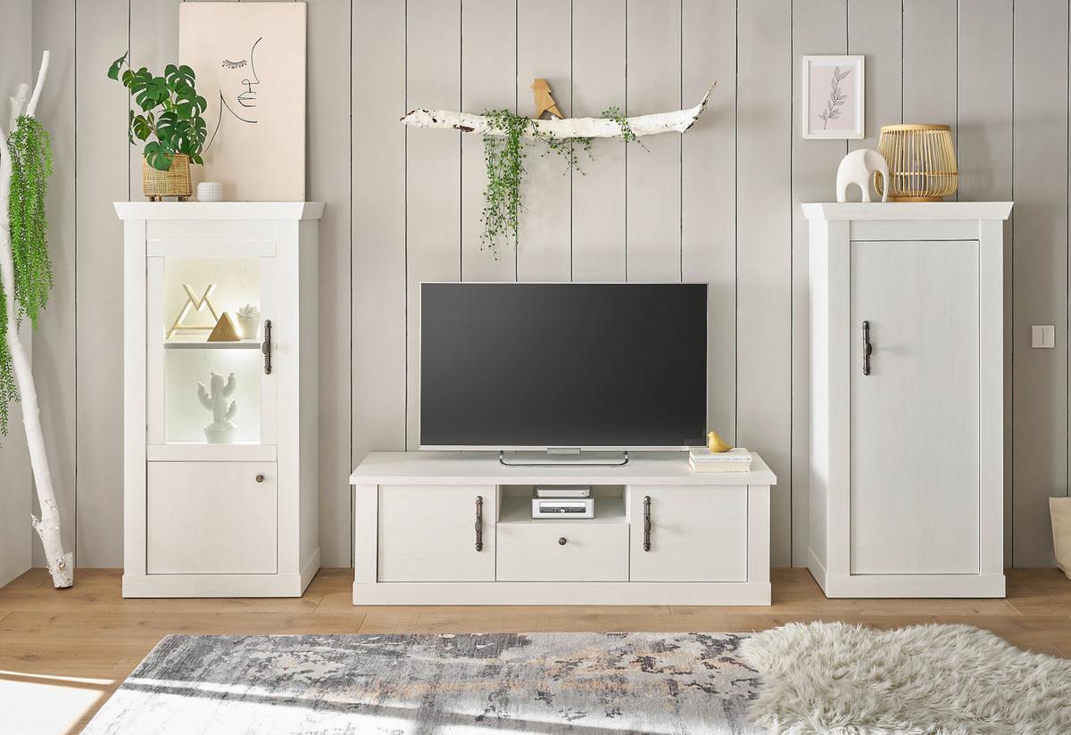 VITRINE weiß Pinie Landhaus, Vitrinenschrank mit Soft-Close und Beleuchtung - Weiß, Holzwerkstoff/Kunststoff (72/146/38cm) - Furn.Design