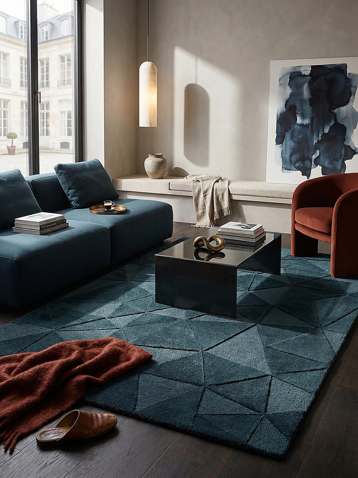 WOLLTEPPICH DEBEN, geometrisch, Petrol, 160 x 230 cm - Blau, Textil (230/160cm) - KADIMA DESIGN