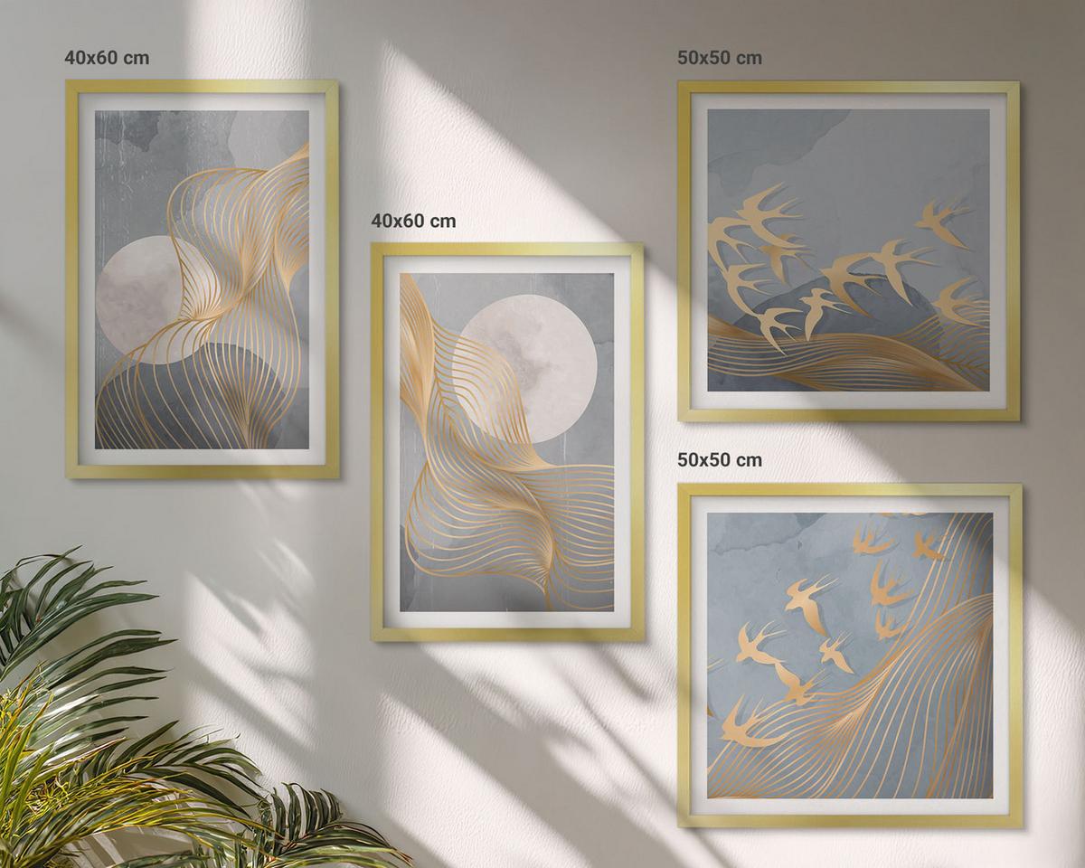 BILDER SET 4er Set - 50x50 cm & 40x60 cm Goldrahmen - Abstrakte Wellenkreise, grau - Goldfarben, Kunststoff (50/50cm) - TULUP