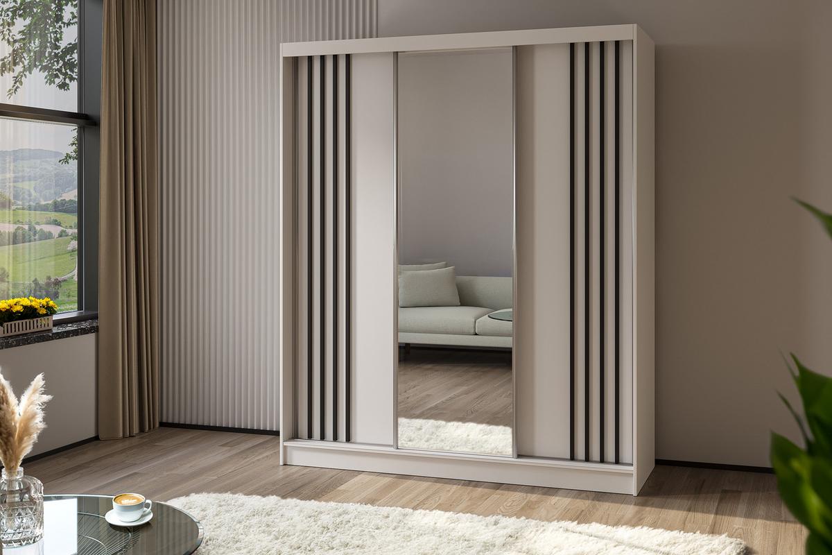 KLEIDERSCHRANK mit Spiegel-Schiebetüren und Aluminium-Leisten, LED-Beleuchtung - NALLA - 180 cm Weiß+Weiß+Schwarz - Schwarz/Weiß, Holzwerkstoff (180/216/61cm) - ALTDECOR