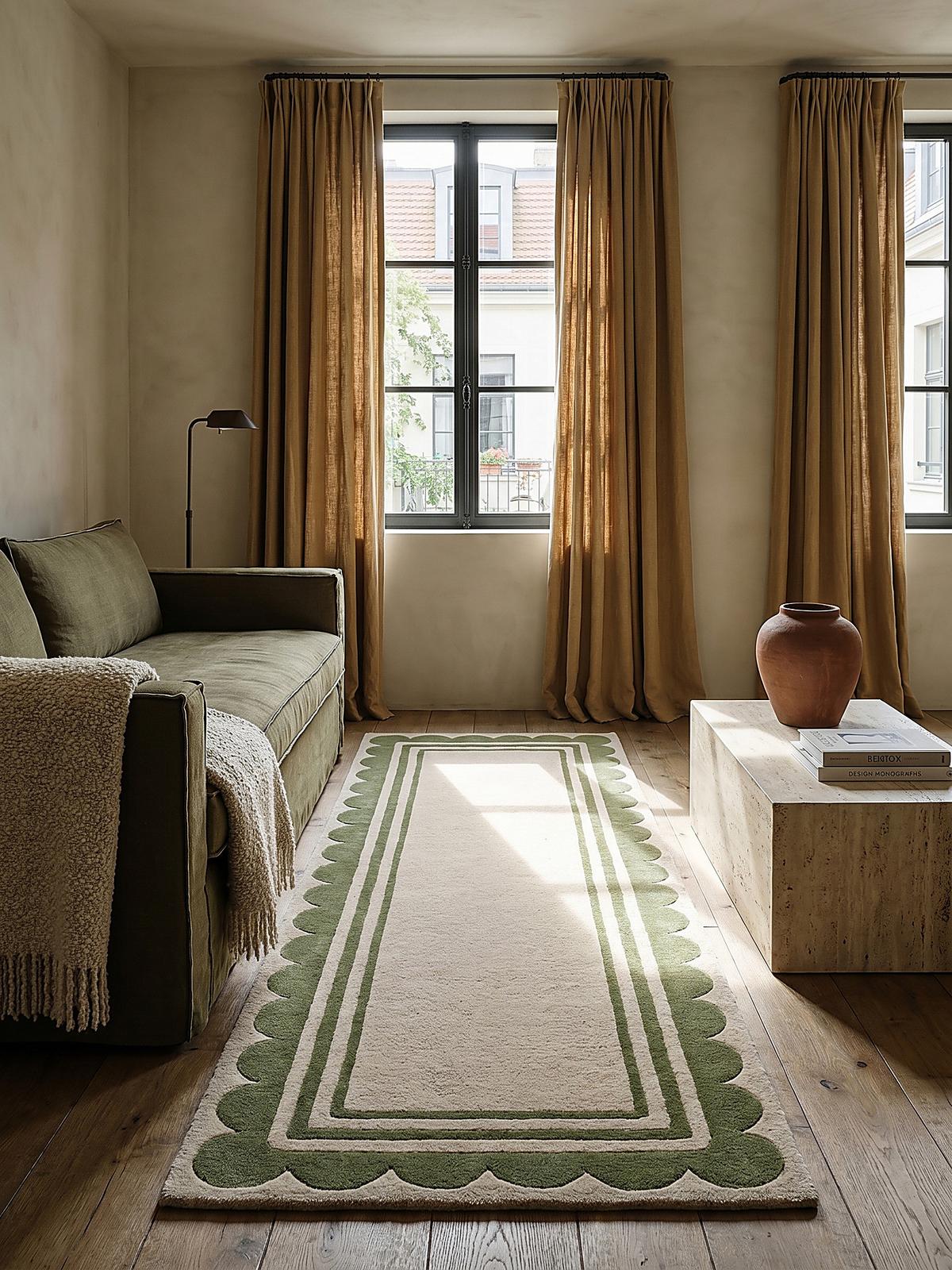 WOLLTEPPICH WENSUM, mit grafischem Muster mit Rahmen, Grün-Beige, 80 x 230 cm - Grün, Textil (230/80cm) - KADIMA DESIGN