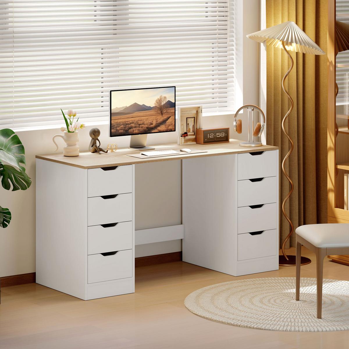 SCHREIBTISCH mit 8 Schubladen Moderner Bürotisch 140 x 53 x 75 cm Weiß - Weiß, Holzwerkstoff (140/53/75cm) - HOMCOM