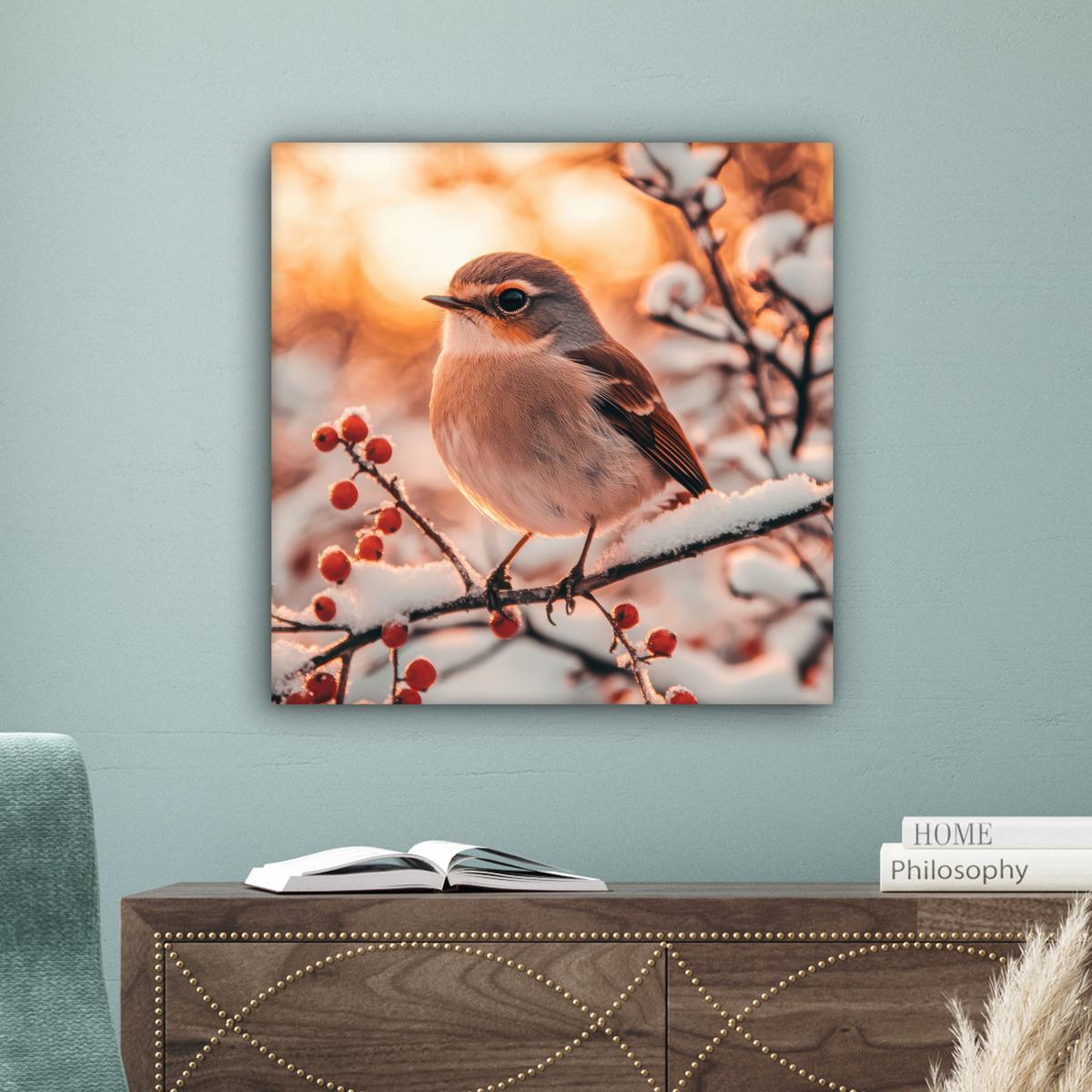 LEINWANDBILD Vogel - Zweig - Winter - Tiere - Schnee Wandbild Wohnzimmer 50x50 cm - Bernsteinfarben, Textil (50/50cm) - MuchoWow
