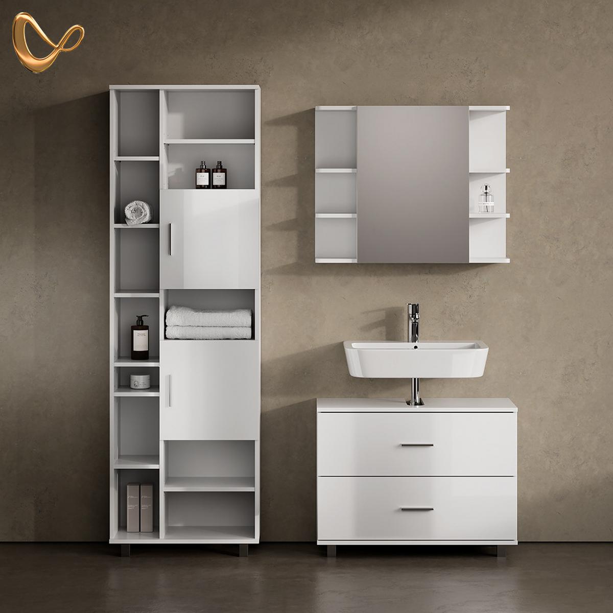 BADMÖBEL-SET Eisak Weiß Hochglanz 3 Teile, mit Hochschrank - Weiß Hochglanz, Holzwerkstoff (80/60/33cm) - Livinity®