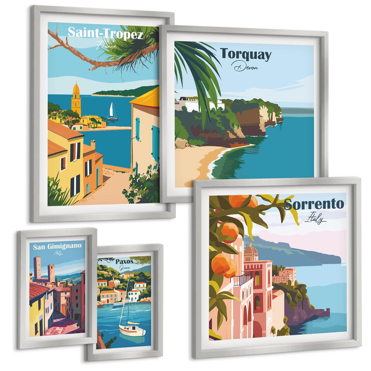 BILDER SET 5er Set - 50x50 cm & 20x30 cm & 40x60 cm Silberner Rahmen - Retro-Illustrationen von Weltstädten - Silberfarben, Kunststoff (40/60cm) - TULUP