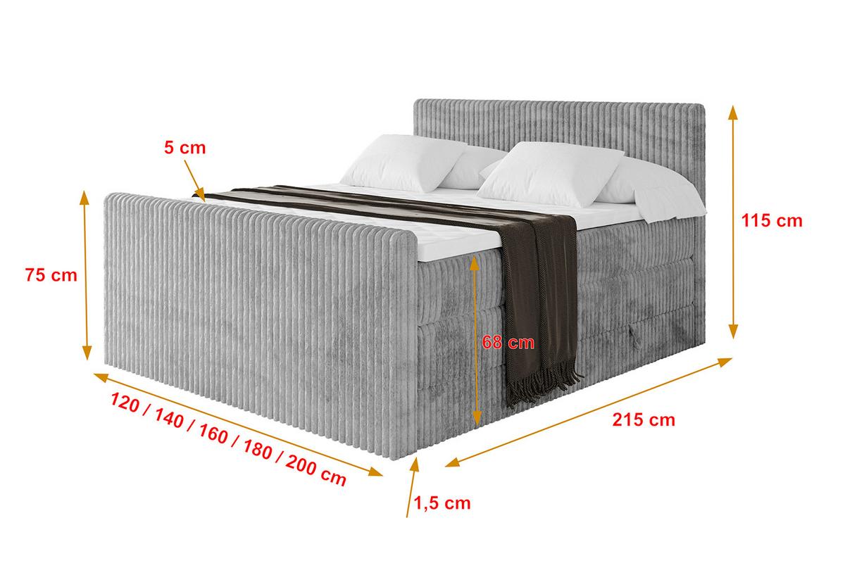 BOXSPRINGBETT mit Matratze H3|H4 und Lattenrost - TOLO-Z KING 140x200 Cord - Hellgrau - Hellgrau, Holzwerkstoff (140/200cm) - ALTDECOR