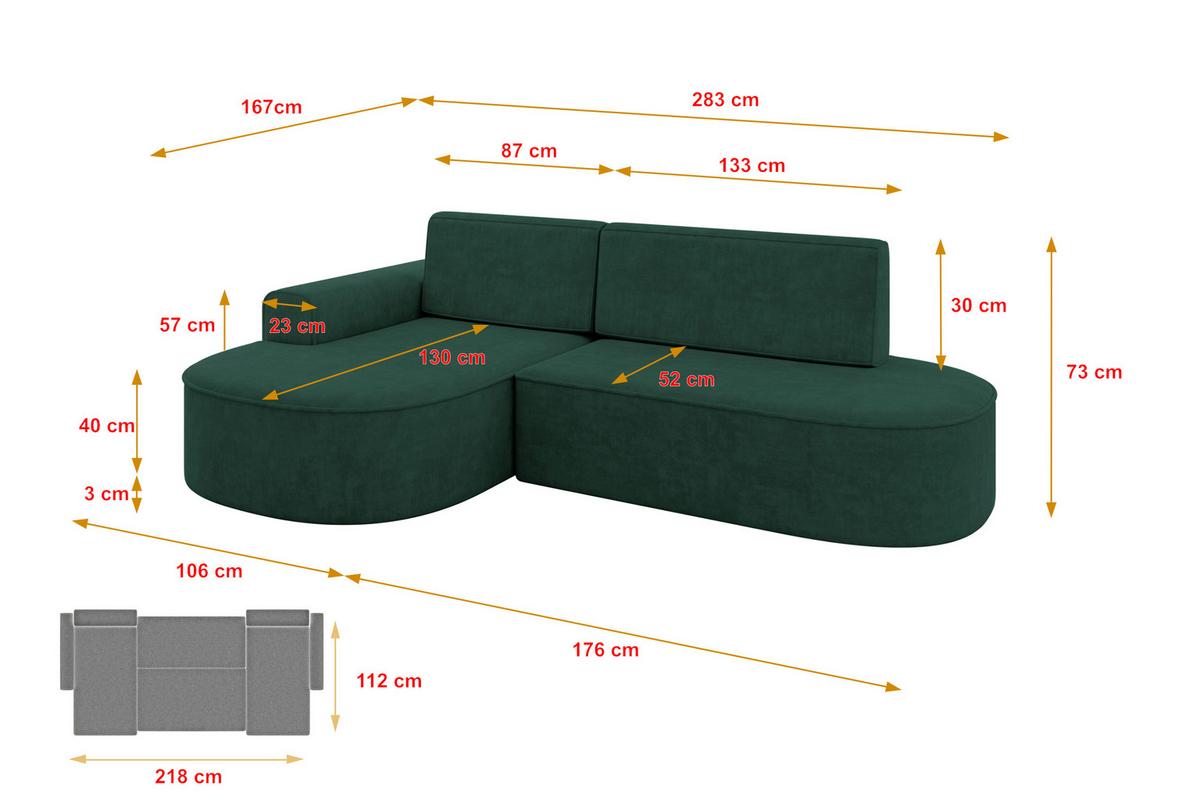 ECKSOFA mit Schlaffunktion und Bettkasten Ottomane Links MARI-L1-S - 283x167x73 cm Grün Velours - Waldgrün/Schwarz, Holzwerkstoff/Kunststoff (283/167cm) - ALTDECOR