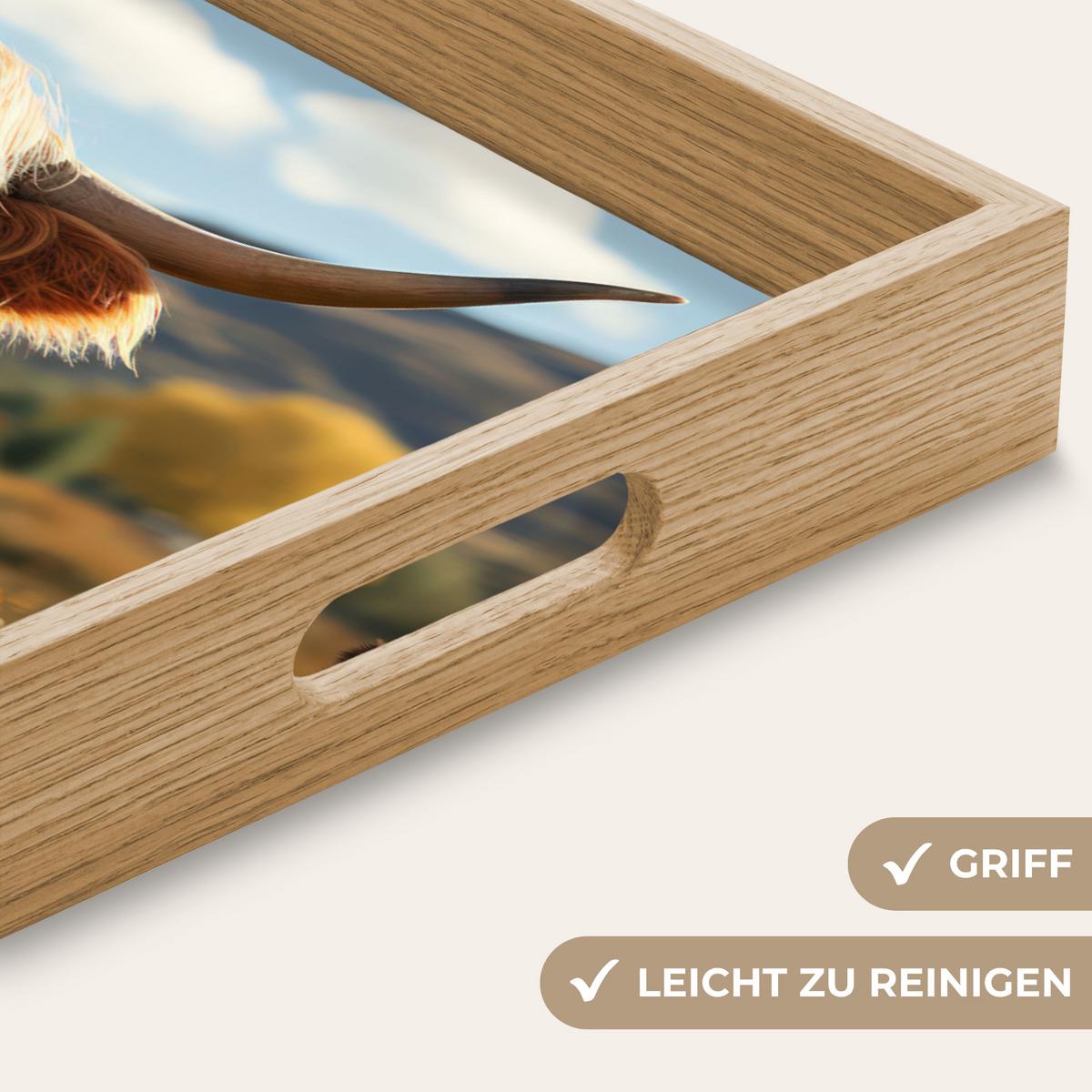TABLETT Schottische Highlander - Blumen - Hörner - Wolken 50x35 cm - Braun, Holz (50/5/5cm) - OnlyWow