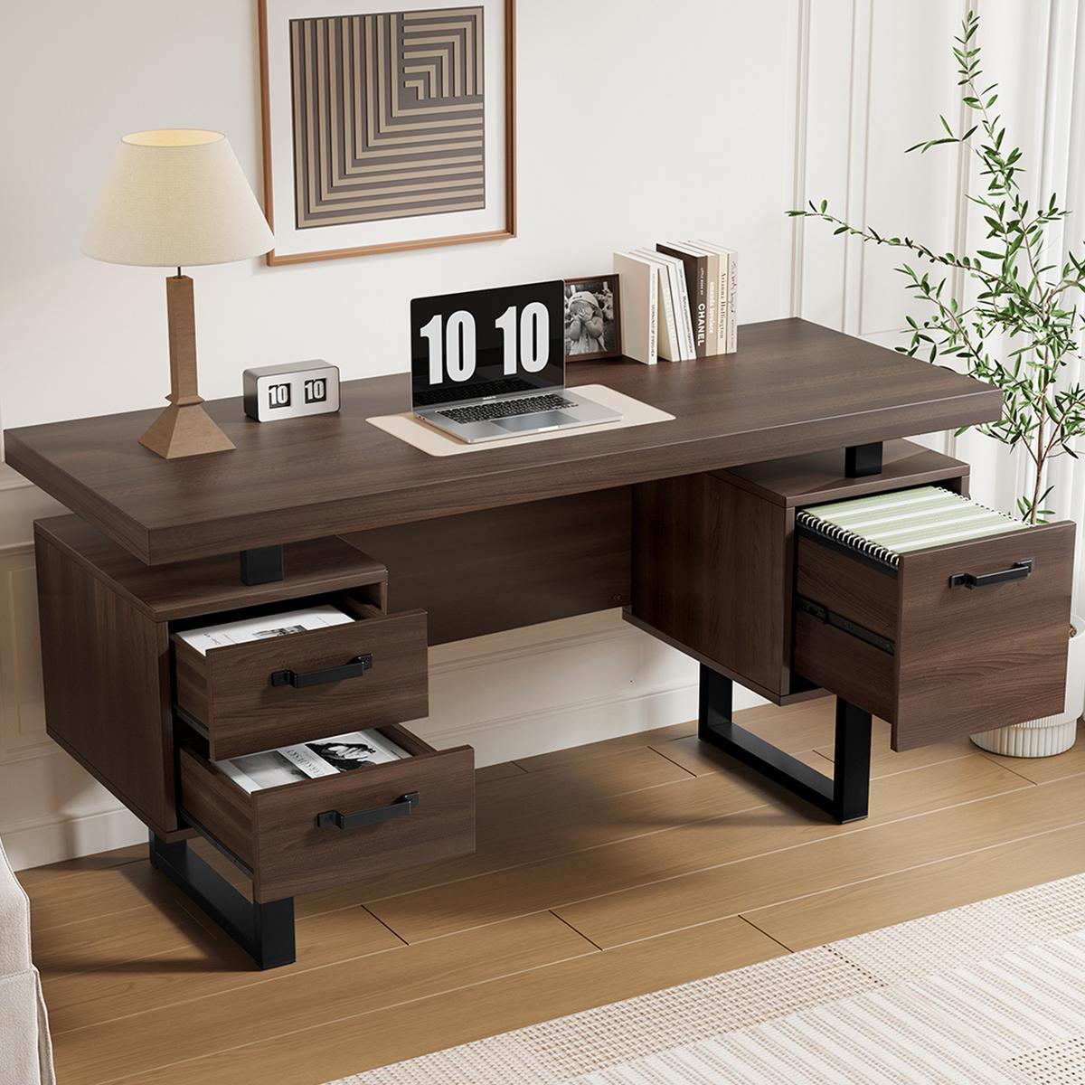 BÜROSCHREIBTISCH braun-schwarz, Stahlgestell, 3 Schubladen - Walnussfarben, Holzwerkstoff (54/135/76cm) - Urban Meuble