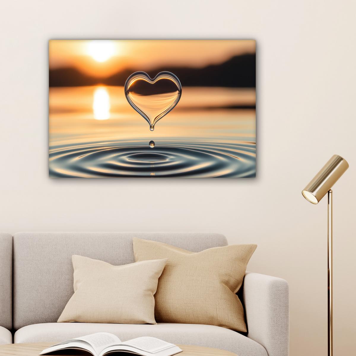 LEINWANDBILD Herz - Wasser - Sonnenuntergang - Natur - Zen Gemälde 60x40 cm - Bernsteinfarben, Textil (60/40cm) - MuchoWow