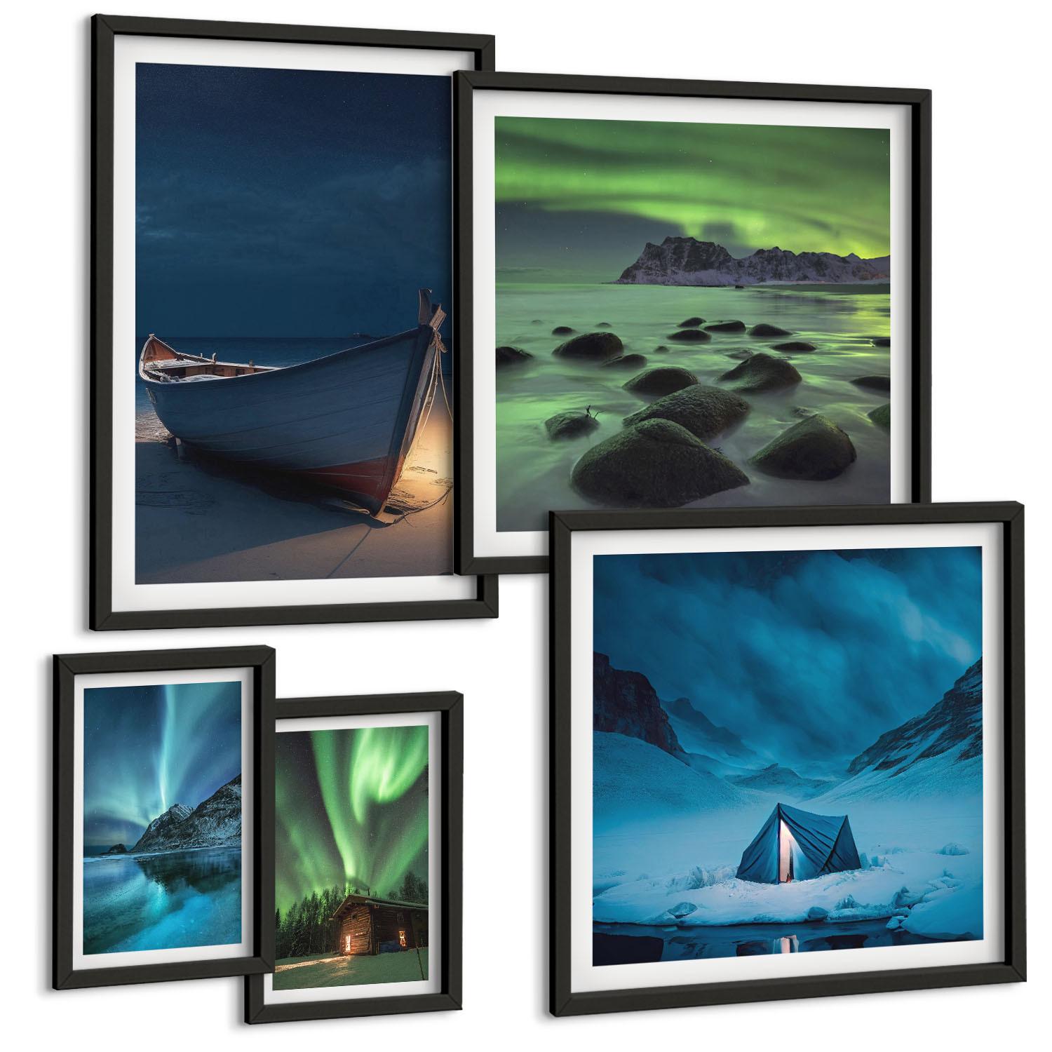 BILDER SET 5er Set - 50x50 cm & 20x30 cm & 40x60 cm Schwarzer Rahmen - Winterlandschaften, Nordlichter, Berge - Schwarz, Kunststoff (40/60cm) - TULUP