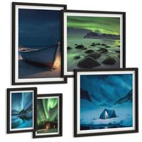 BILDER SET 5er Set - 50x50 cm & 20x30 cm & 40x60 cm Schwarzer Rahmen - Winterlandschaften, Nordlichter, Berge - Schwarz, Kunststoff (40/60cm) - TULUP