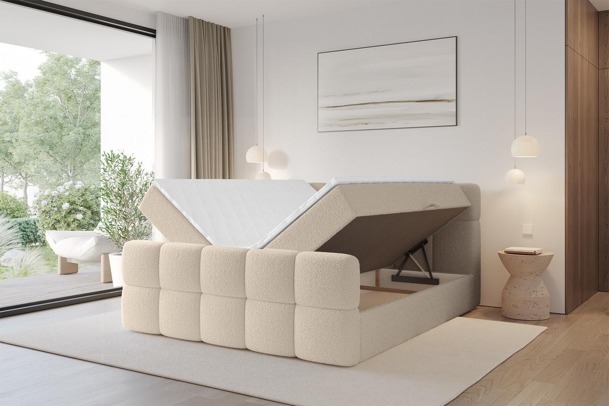 BOXBETT mit Matratze H4 - FAMA-Z - 180x200 cm Dunkelbeige Quelle - Creme, Holzwerkstoff - ALTDECOR