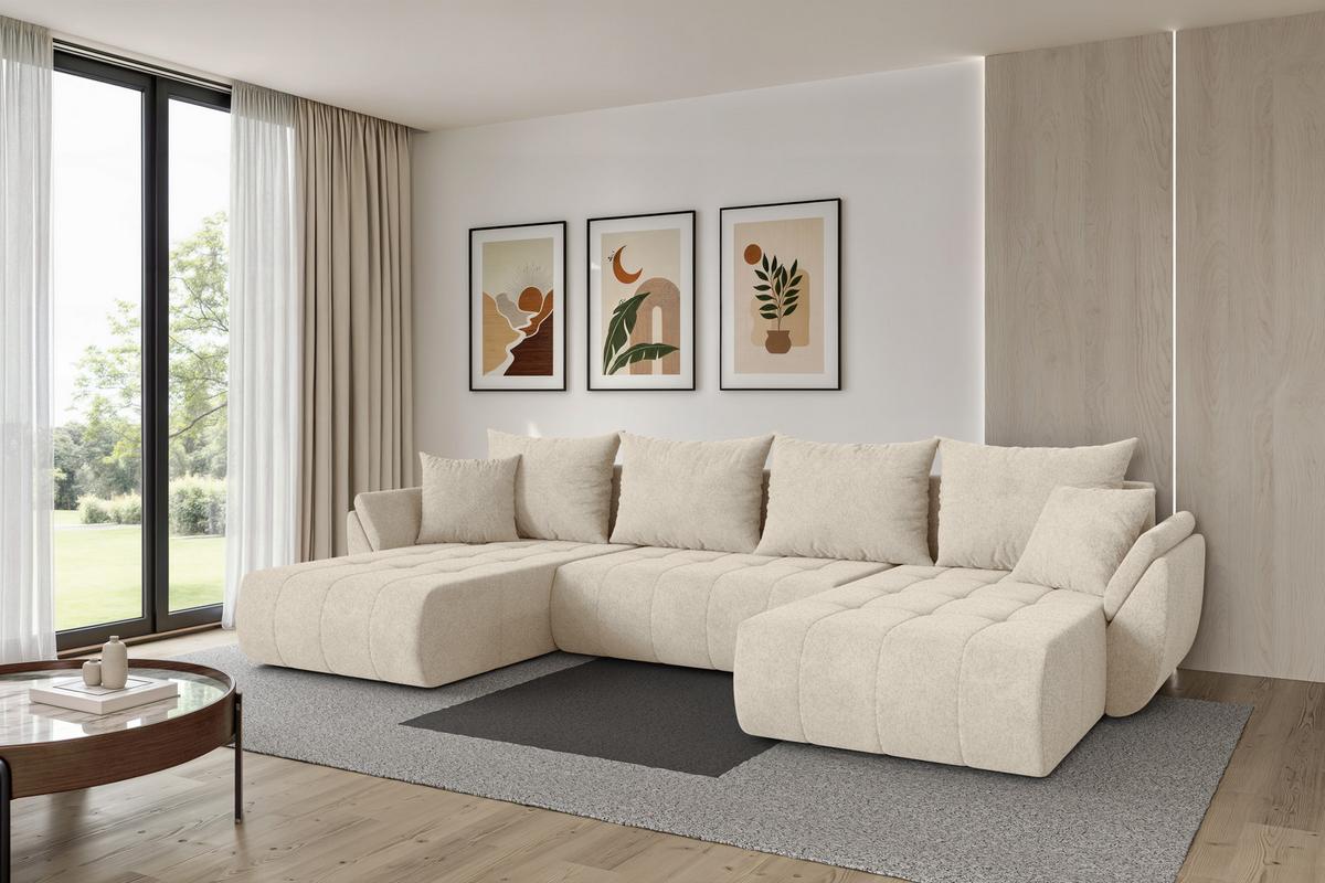 WOHNLANDSCHAFT mit Schlaffunktion und Bettkasten TOKO-U 378x194x86 Creme Velours - Creme/Schwarz, Holzwerkstoff/Kunststoff (378/86/194cm) - ALTDECOR