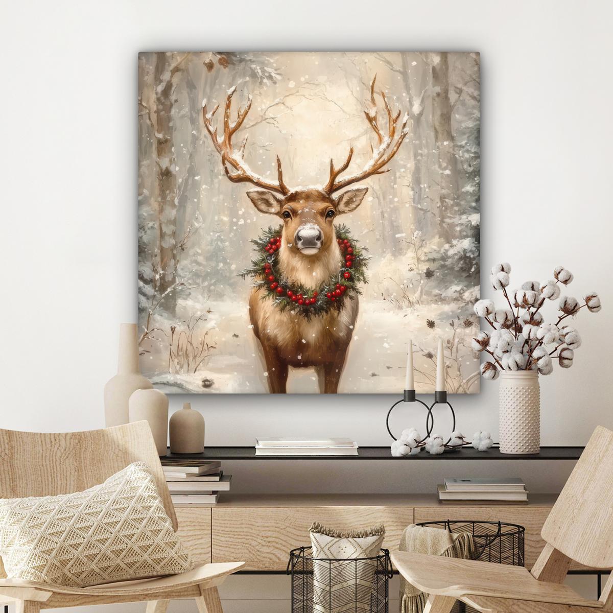 LEINWANDBILD Weihnachten - Rentier - Winter - Kranz Deko Groß 90x90 cm - Naturfarben, Textil (90/90cm) - MuchoWow