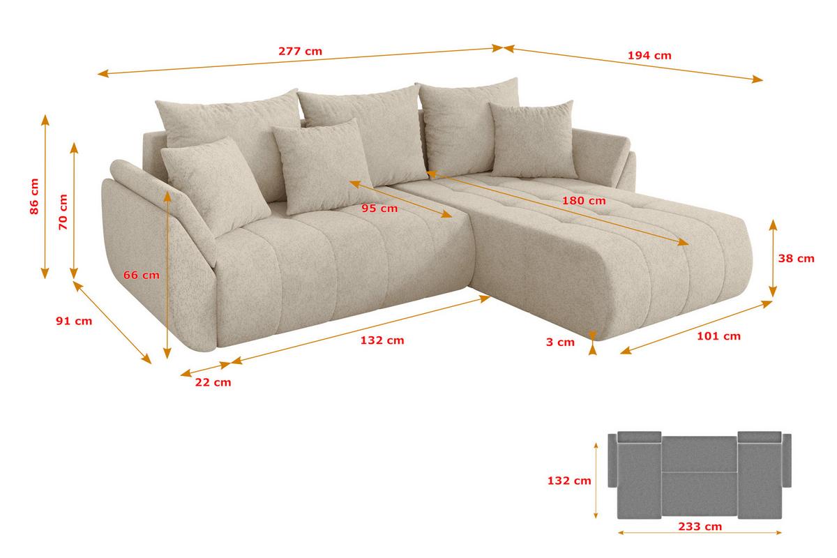 ECKSOFA mit Schlaffunktion Ottomane Rechts TOKO-L 277x194x86 Creme Velours - Creme/Schwarz, Holzwerkstoff/Kunststoff (277/194cm) - ALTDECOR
