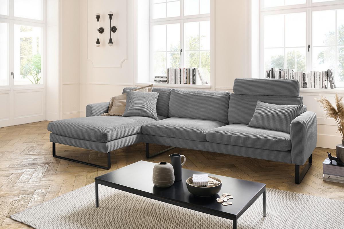 ECKSOFA RICARDA Grau Cord - Schwarz/Grau, Textil/Metall (298/154cm) - KAWOLA