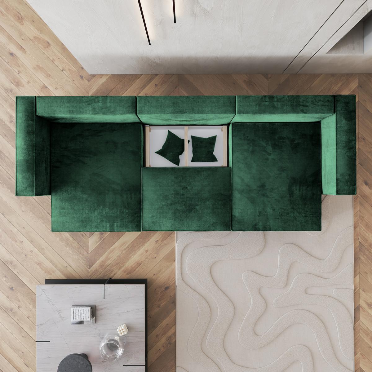 WOHNLANDSCHAFT SARMO M Grün Velours-Stoff mit Schlaffunktion - Grau/Grün, Holz/Kunststoff (347/70/148cm) - MASSENO