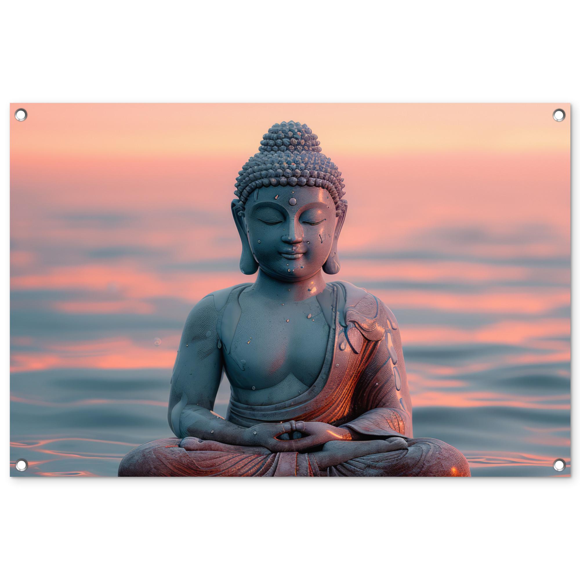 GARTENPOSTER Buddha - Statue - Buddha - Wasser - Kunst - Buddha Gartendeko 90x60 cm - Blaugrau, Kunststoff (90/60/0.2cm) - OnlyWow