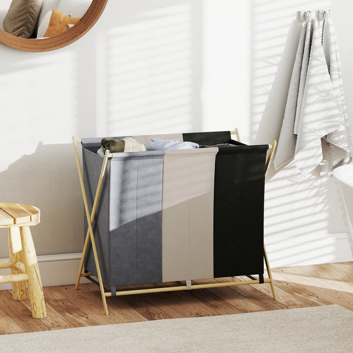WÄSCHEKORB aus Bambus Leinenstoff Mehrfarbig - Multicolor, Naturmaterialien (48/67/75cm) - HOMCOM
