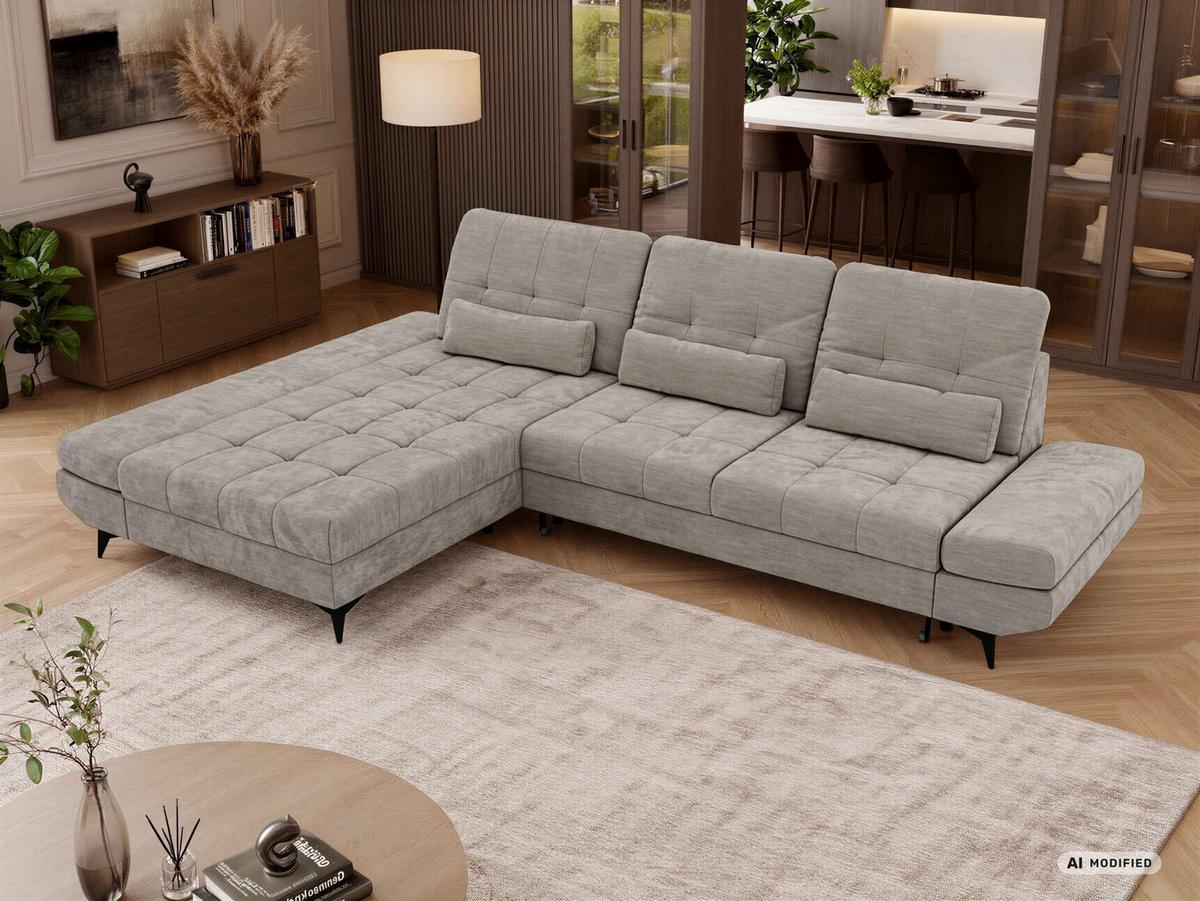 ECKSOFA ALVENO L - Hellgrau Schenille glatt - Links Seite - Hellgrau/Schwarz, Textil/Metall (218/344cm) - MKS
