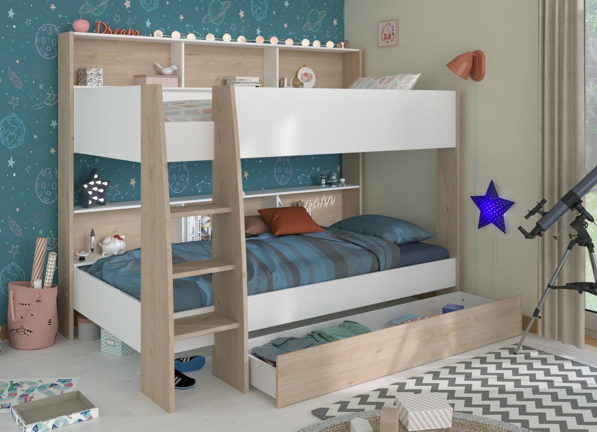 ETAGENBETT weiß, Eiche 90 x 200 cm, Jugendzimmer Hochbett mit Stauraum - Eichefarben/Schwarz, Holzwerkstoff/Kunststoff (90/200cm) - Parisot Meuble