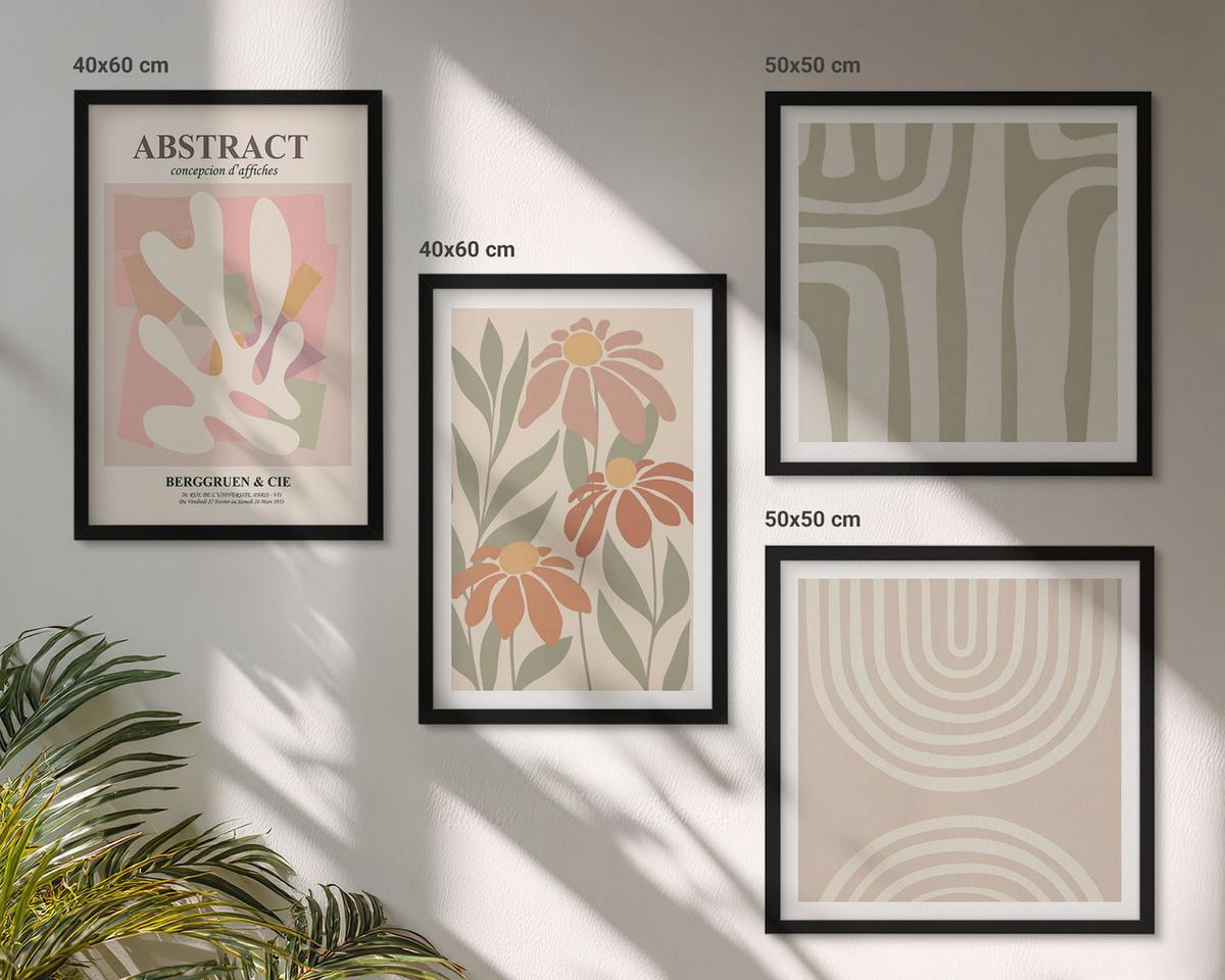 BILDER SET 4er Set - 50x50 cm & 40x60 cm Schwarzer Rahmen - Abstrakte Pflanzenformen - Schwarz, Kunststoff (50/50cm) - TULUP