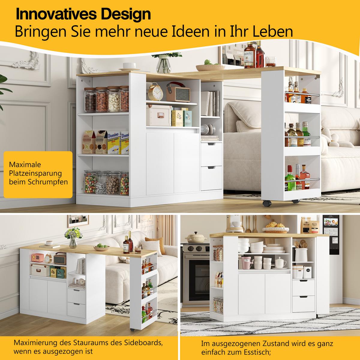 BARTISCH kücheninsel ausziehbar holzoptik stauraum - Weiß, Holzwerkstoff (50/115/92cm) - Urban Meuble
