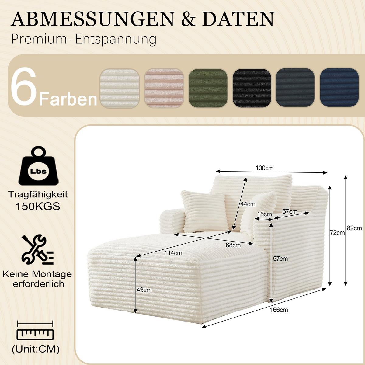 RELAXSESSEL aus Cord Modulare Chaiselongue & ohne Montage - Creme, Textil (32.99/127/32.99cm) - Urban Meuble