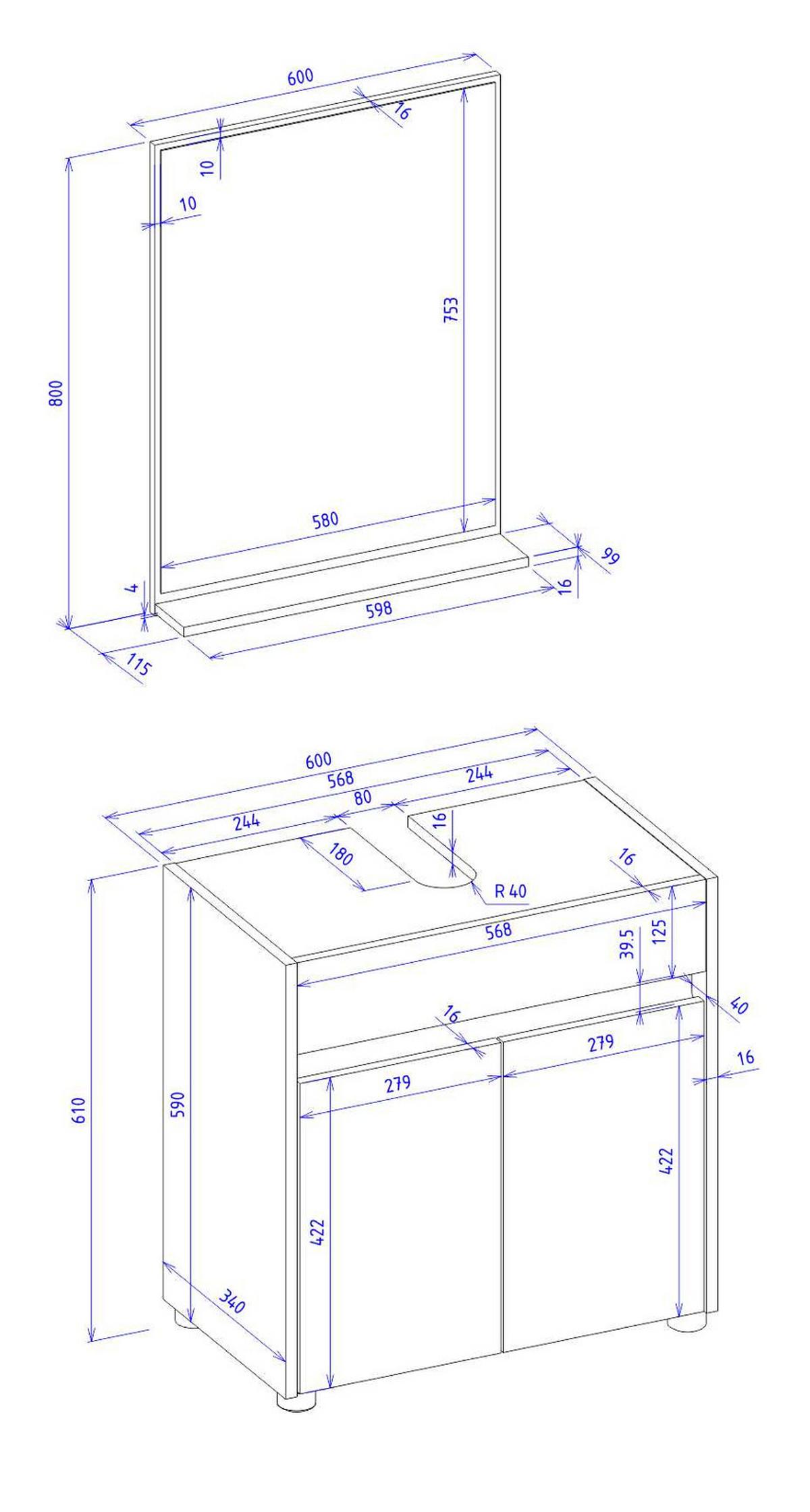 BADMÖBEL-SET 2-teilig grau matt, Wotan Eiche, Badkombination 60 cm - Eiche Wotan/Schwarz, Glas/Holzwerkstoff (61/200/34cm) - Furn.Design