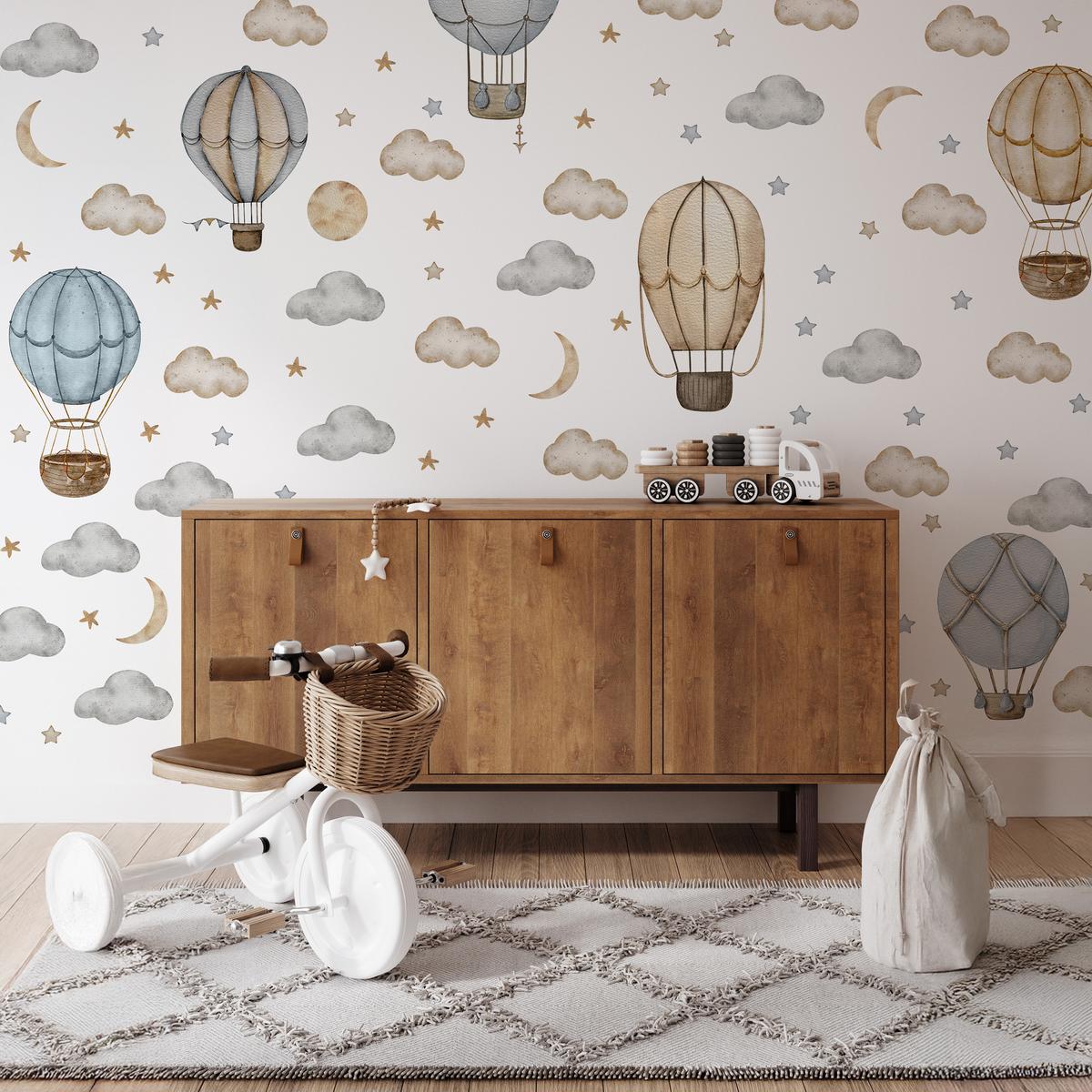 WANDAUFKLEBER SET Luftballons Wolken Sterne Boho Stil 120x60 - Beige/Braun, Papier (120/60/1cm) - Muralo