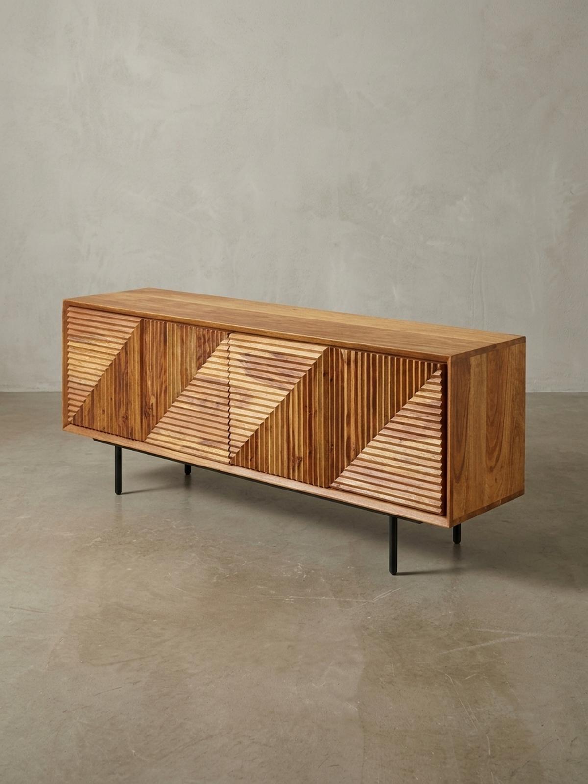 LOWBOARD Massivholz Modern Stil Modell Spectrum mit 3D-Oberfläche und Edelstahl-Gestell - Schwarz/Braun, Holz/Metall (140/54/33cm) - KADIMA DESIGN