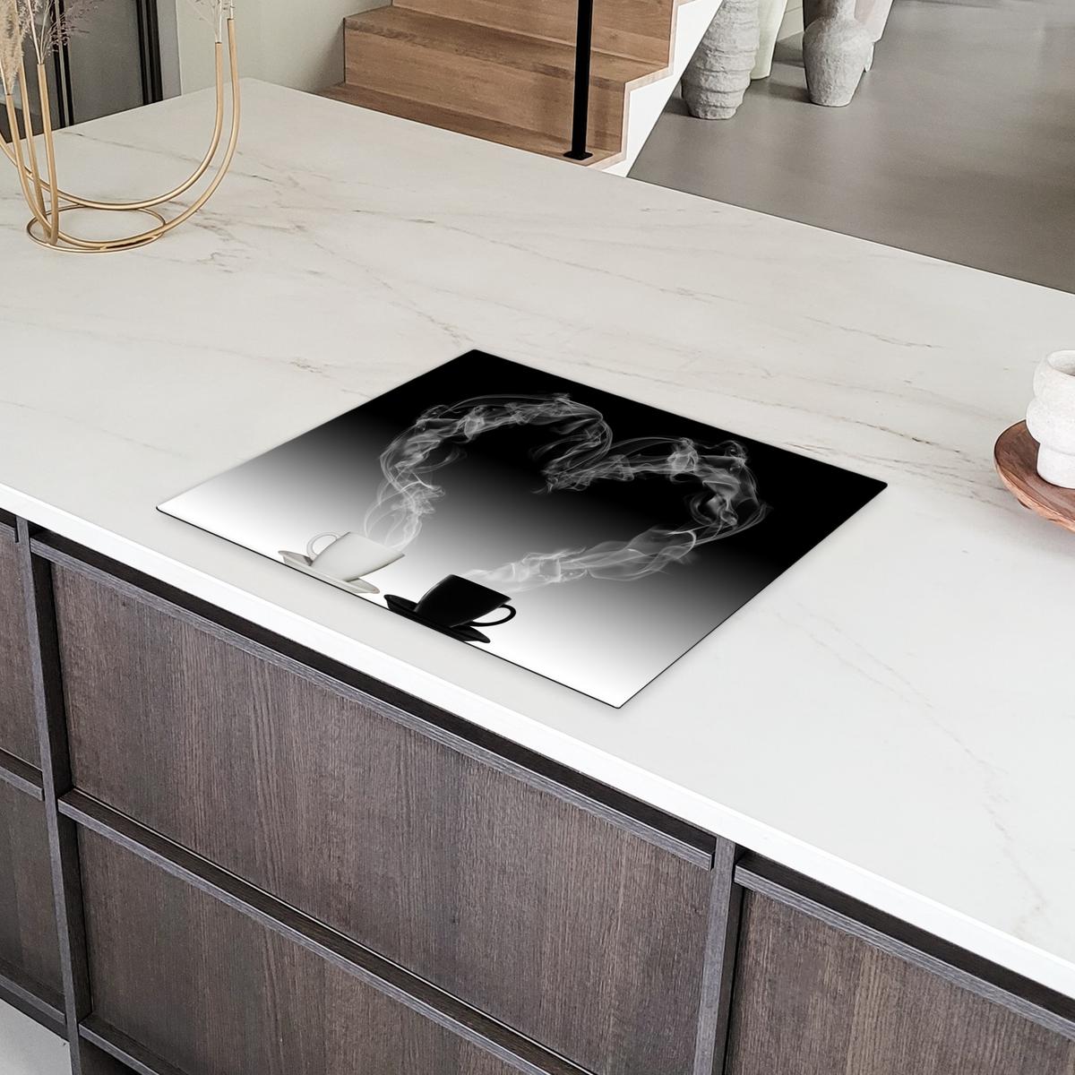 HERDABDECKPLATTE Kaffee - Herz - Schwarz und weiß - Tassen Herdabdeckung Induktionsfeld 65x52 cm - Weiß, Kunststoff (65/52/0.2cm) - MuchoWow