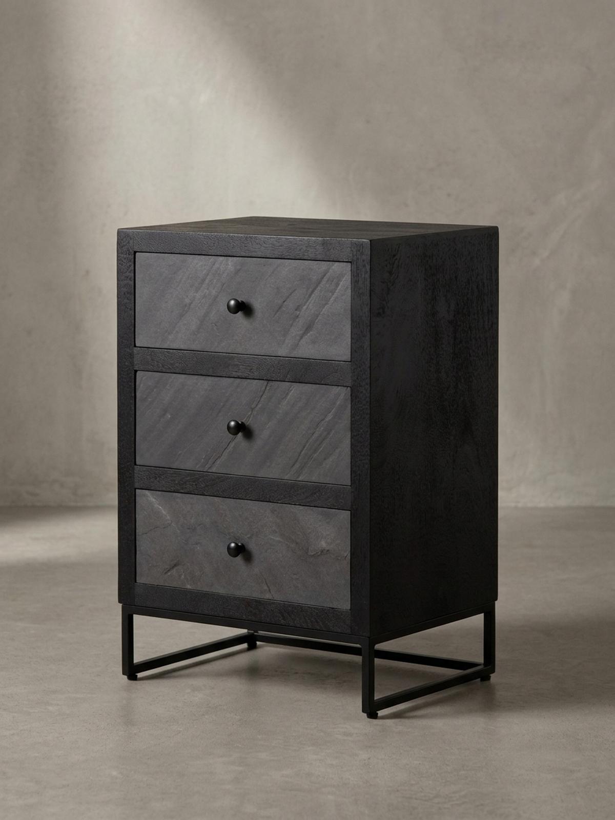 NACHTTISCH Massivholz Steinoptik 3 Schubladen Metallgestell, Schwarz 40x30x60 cm - Schwarz, Holz/Metall (40/60/30cm) - KADIMA DESIGN
