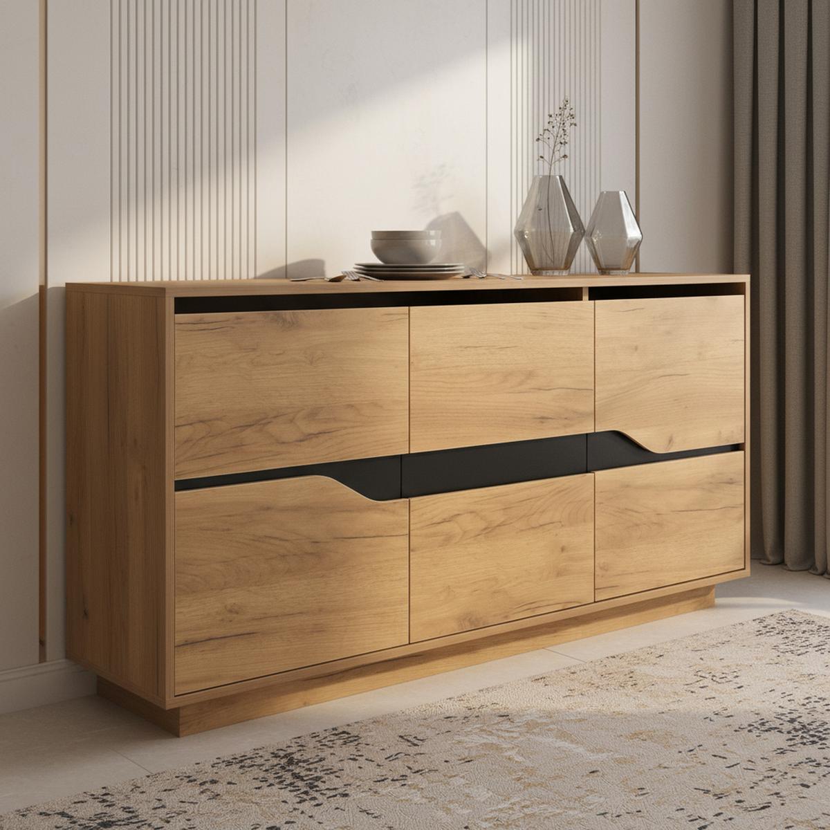 INDUSTRIE-SIDEBOARD in Holzoptik und Schwarz, 3 Türen - Beige, Textil (40/70/140cm) - Urban Meuble