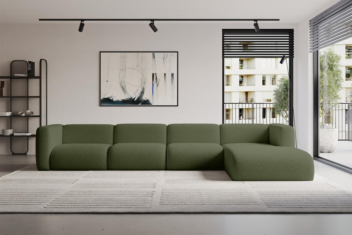 ECKSOFA Ottomane Rechts MIRA-L3 409x179x70 Grün Bouclé - Schwarz/Olivgrün, Holzwerkstoff/Kunststoff (409/179cm) - ALTDECOR