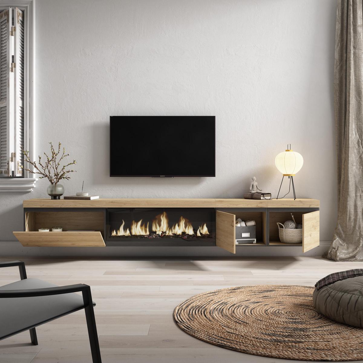 LOWBOARD, mit Elektrokamin XXL, Hängend, Eiche, 288/35/45cm - Eichefarben/Beige, Holzwerkstoff (288/45/35cm) - Skraut Home