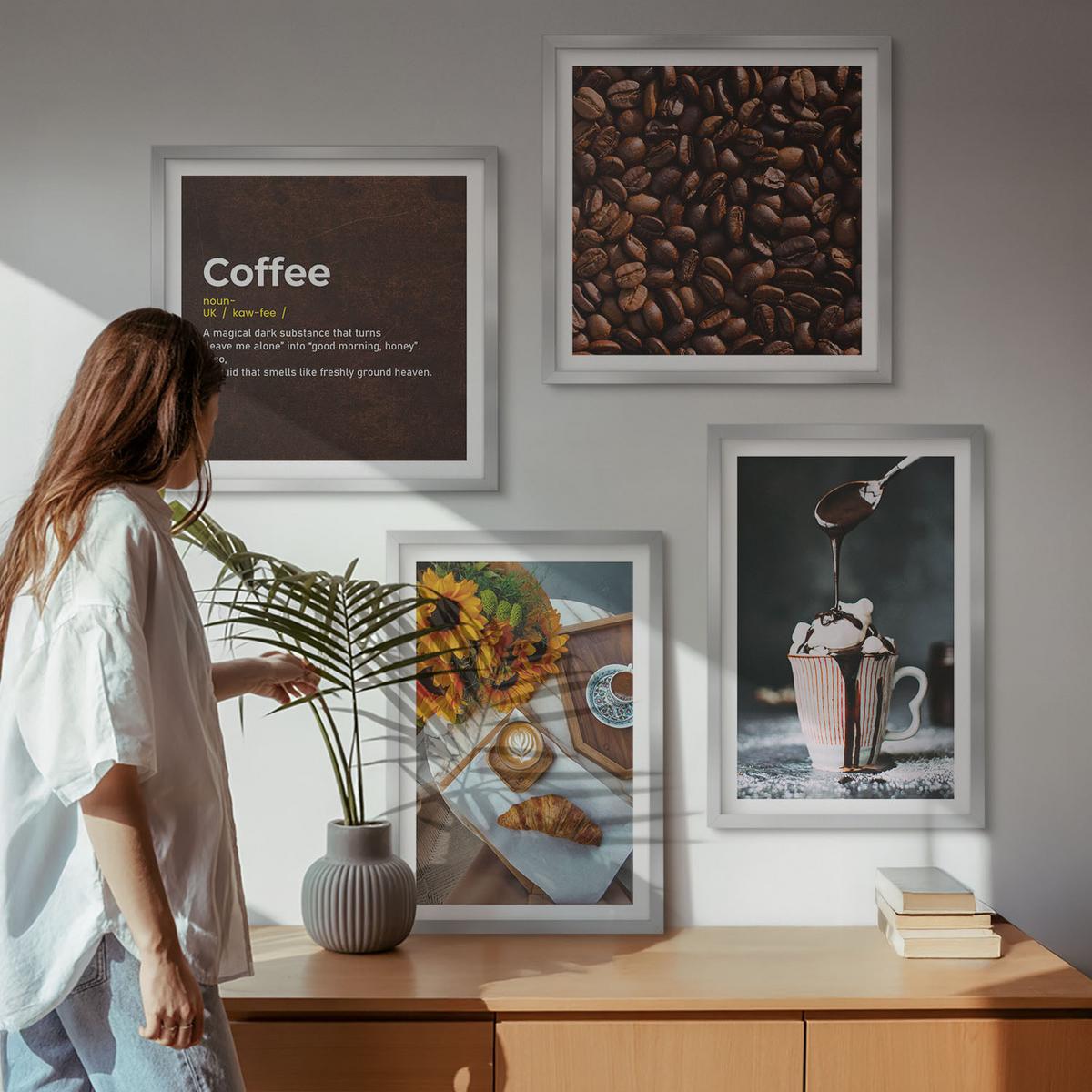 BILDER SET 4er Set - 50x50 cm & 40x60 cm Silberner Rahmen - Italienische Frühstückskaffeebohnen - Silberfarben, Kunststoff (50/50cm) - TULUP