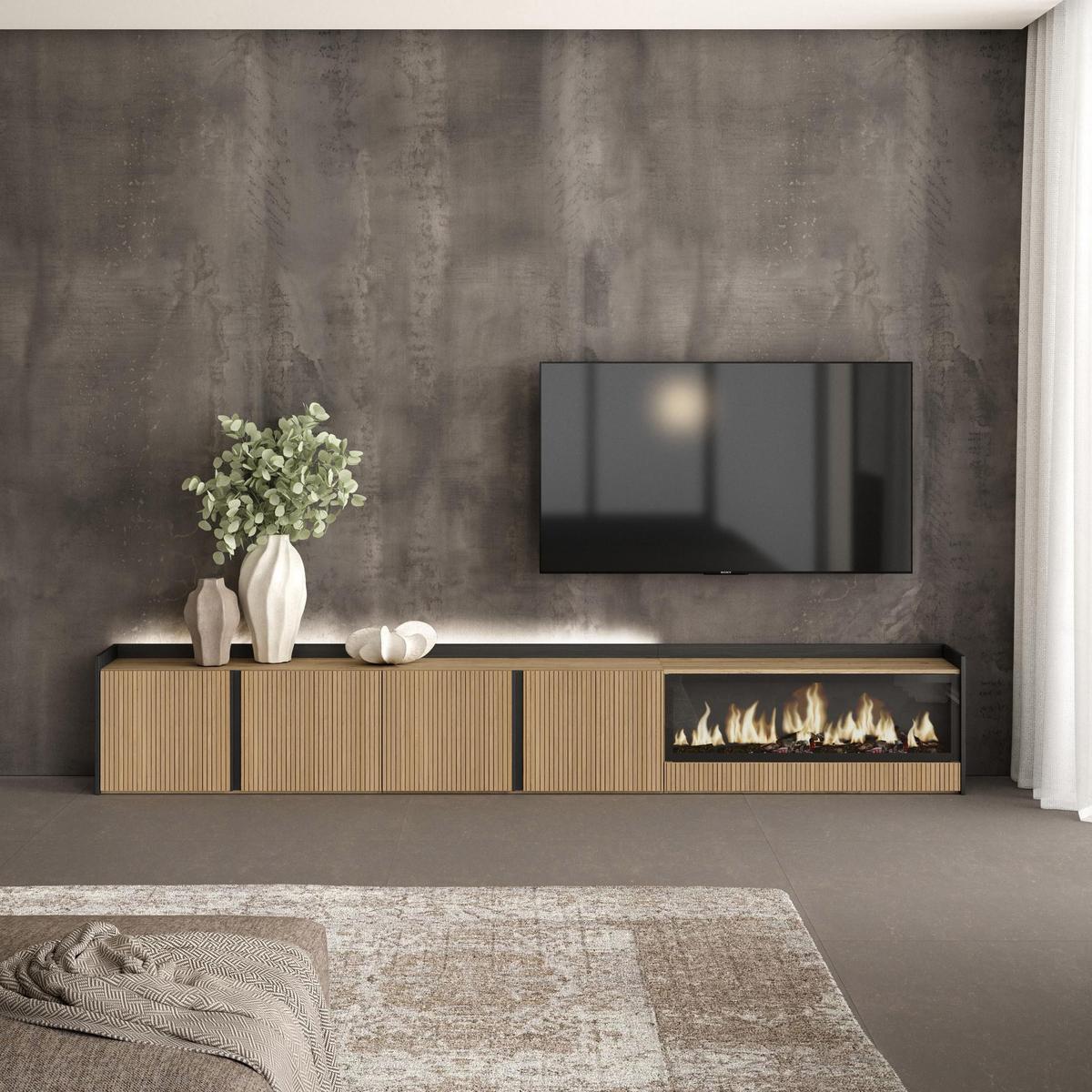 LOWBOARD, Eiche und Schwarz, 315/35/50cm, Elektrokamin XXL, Led - Eichefarben, Holzwerkstoff (315/50/35cm) - Skraut Home